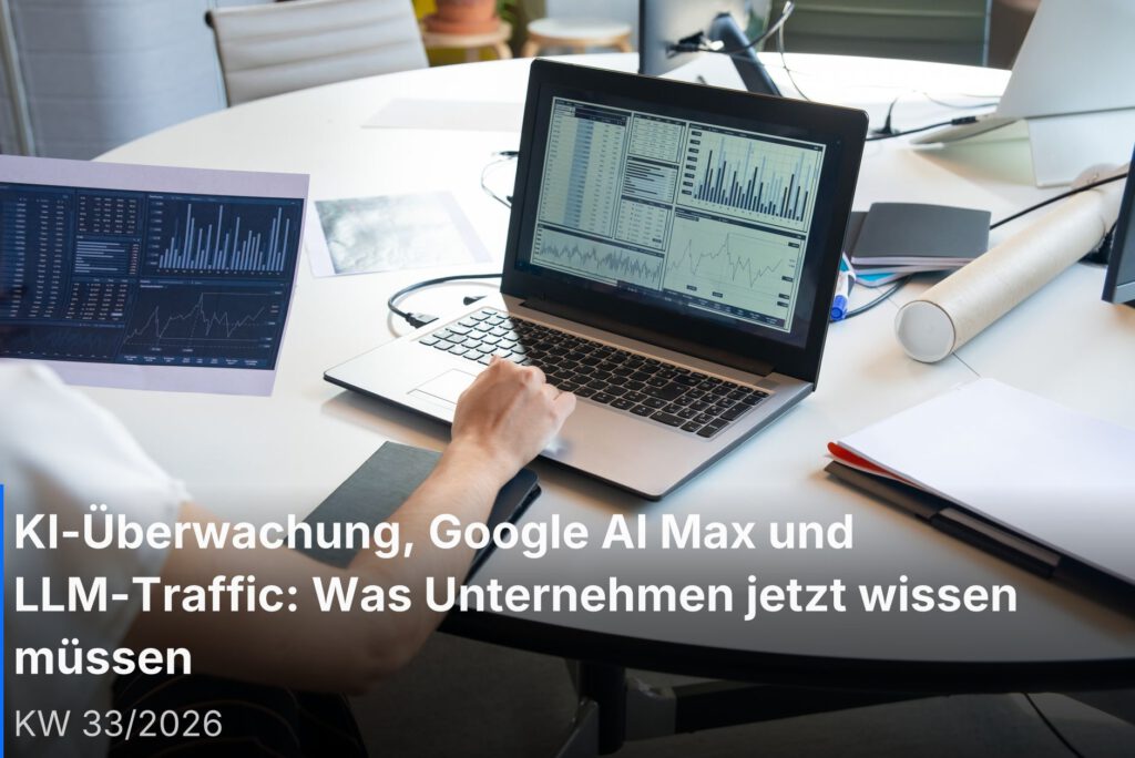 Team analysiert KI-gestützte Online-Marketing-Daten auf einem digitalen Dashboard