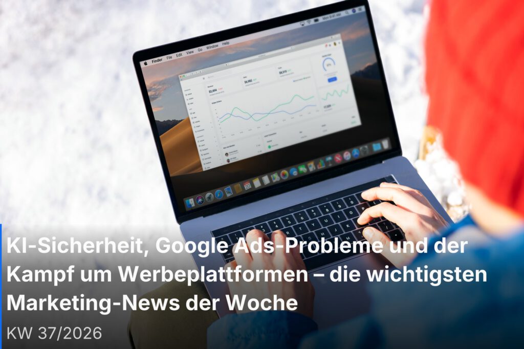 Marketing-Team analysiert KI-Sicherheit und digitale Werbedaten auf einem Dashboard