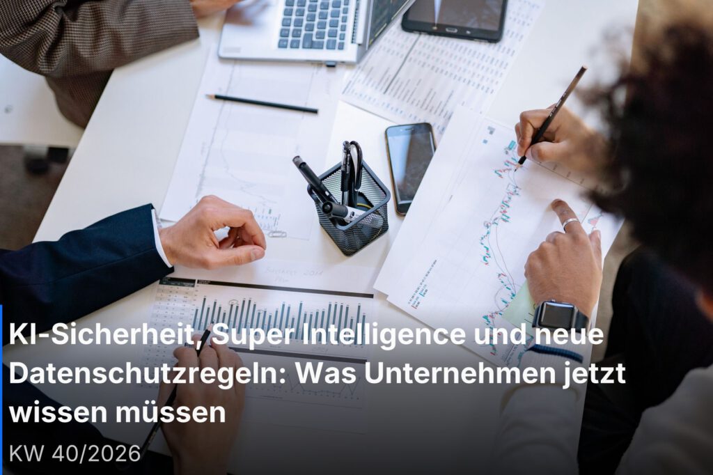 Team bespricht KI-Marketingstrategie am digitalen Dashboard